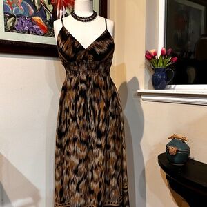 She Scool Maxi Dress Spaghetti Strap Shirred Waist in Black & Brown, Border Prin